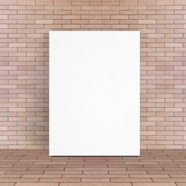 White poster leaning at red brick floor and wall, Template mock 