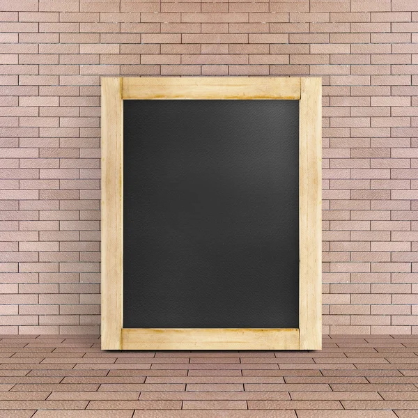 Empty Blackboard leaning at red brick floor and wall, Template m — Stock Photo, Image