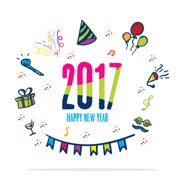 2017 szczęśliwy nowy rok kolorowy kolor z Doodle party ikona na WHI — Wektor stockowy