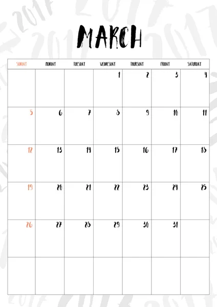 Vector, 2017 calendario mes de marzo con tabla en 2017 patrón de nuevo — Archivo Imágenes Vectoriales