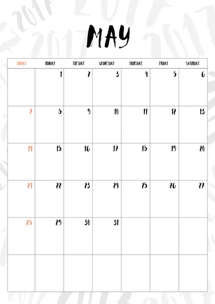 Вектор, 2017 календар Травень місяць з таблицею на 2017 шаблон бекграунд — стоковий вектор