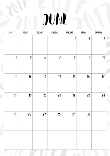 Vector, 2017 kalender juni maand met tabel op 2017 patroon ACHTERG — Stockvector