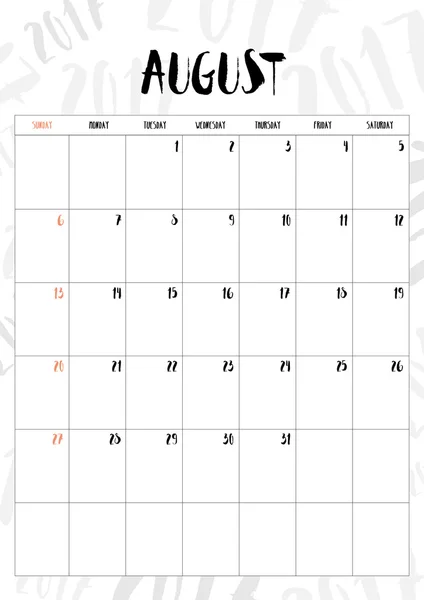 Vector, 2017 calendario mes de agosto con tabla en 2017 patrón bac — Archivo Imágenes Vectoriales