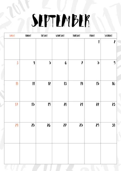 Vector, 2017 kalender September maand met tabel op 2017 patroon — Stockvector