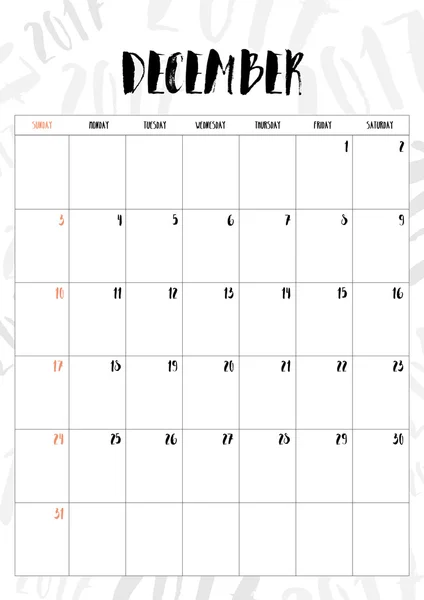 Вектор, 2017 календар грудень місяць з таблицею на 2017 візерунок b — стоковий вектор
