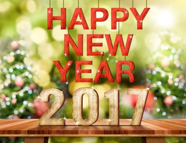 Mutlu yeni yıl 2017 numarası üzerinde kahverengi ahşap masa üstü soyut ile