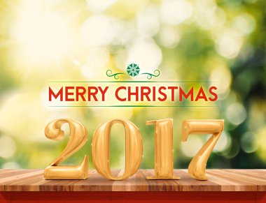 altın renkli 2017 Happy New Year (3d render) kahverengi ahşap üzerine ta