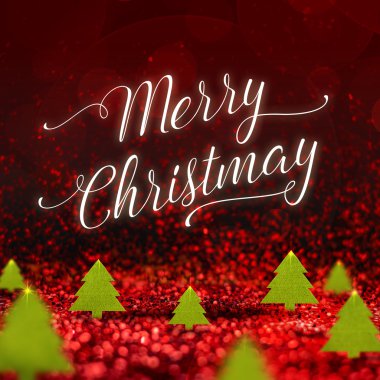 Neşeli Noel word ve Noel ağacı kırmızı parlak parıltı