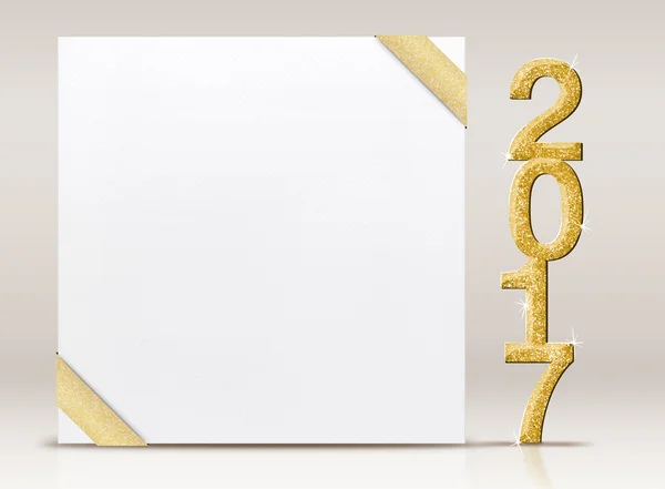 2017 New year glitter number and white card with gold ribbon in — Stock Photo, Image