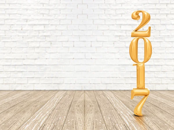 New year 2017 (3d rendering) gold color number on wood plank flo — Stock Photo, Image