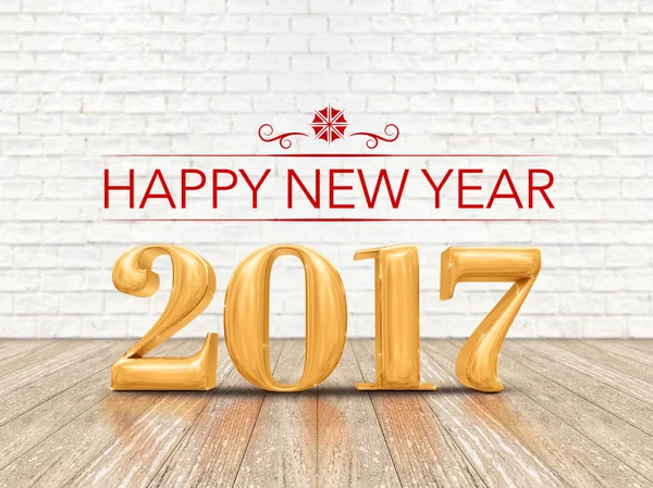 Happy New year 2017 (3d rendering) gold color number on wood pla — Stock Photo, Image