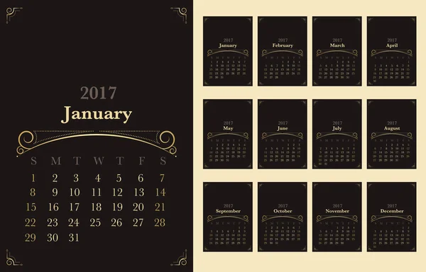 Vecteur de calendrier 2017 année avec décoration d'ornement vintage aller — Image vectorielle