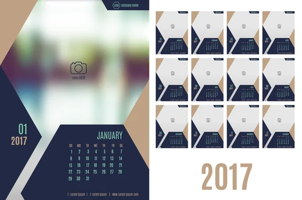 Vektor des Kalenders 2017 Jahr, 12-Monats-Kalender mit moderner Marine — Stockvektor