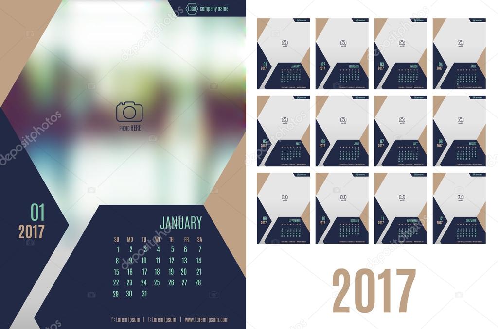 Vector of Calendar 2017 year ,12 month calendar with modern navy