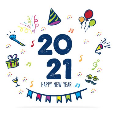 Mutlu yıllar 2021 logosu. Parti ikonu karalama el çizimi renkli. Bayram numarası için eğlenceli tebrik kartı. Vektör illüstrasyon metni tasarımı.