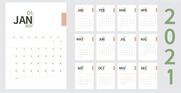 Vektor Des Neujahrskalenders 2021 Minimalem Tisch Einfachen Stil Und Bio — Stockvektor