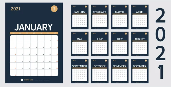 Vektorový Kalendář 2021 Nový Rok Plánovač Set Měsíců Čisté Minimální — Stockový vektor