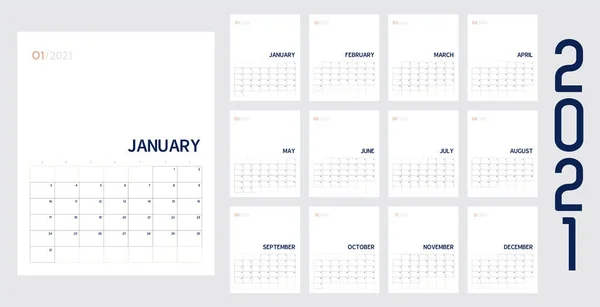Vector 2021 Calendario Año Nuevo Tabla Limpia Moderna Estilo Simple — Archivo Imágenes Vectoriales