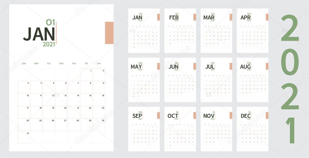 Vector of 2021 new year calendar in minimal table simple style and organic tone green and rose gold color,Holiday event planner,Week Starts Sunday