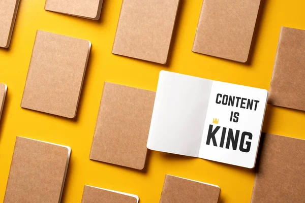 Content King Online Marketing Concept Top View Open Notebook Golden — Φωτογραφία Αρχείου