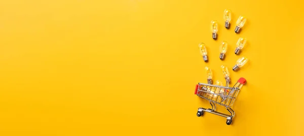 Creativity Content Marketing Concept Top View Shopping Cart Full Lightbulbs — Stok fotoğraf