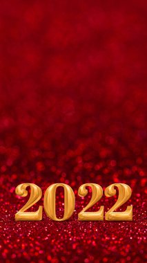 Işıltılı altın ve kırmızı parıltılı stüdyo arka planında yeni yıl numaranız mutlu yıllar 2022 (3d yorumlama), Tatil tebrik kartı. İçerik eklemek için kopya alanı.