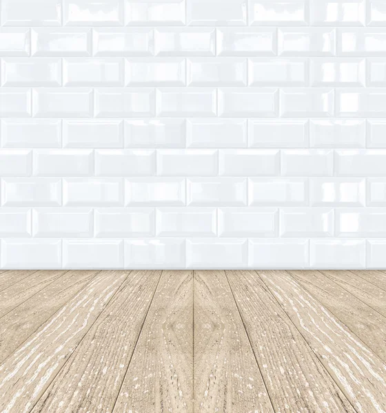 White Ceramic brick tile wall and wooden floor — Stock Photo, Image