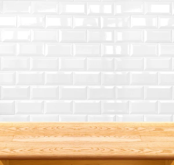 Wood table and ceramic tile  wall — Stock Photo, Image