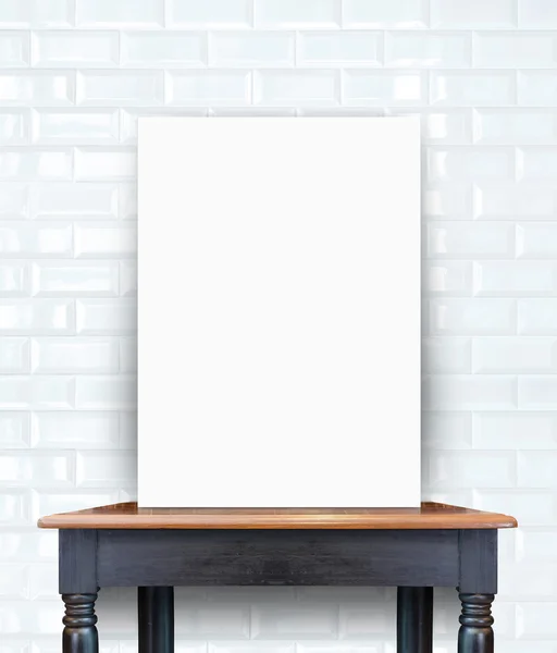 blank poster on vintage wooden table at brick tiles wall,Templat