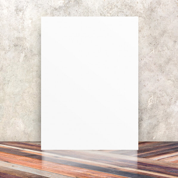 White Blank Poster in crack cement wall and diagonal wooden floor room,Template Mock up for your content,Business presentation.