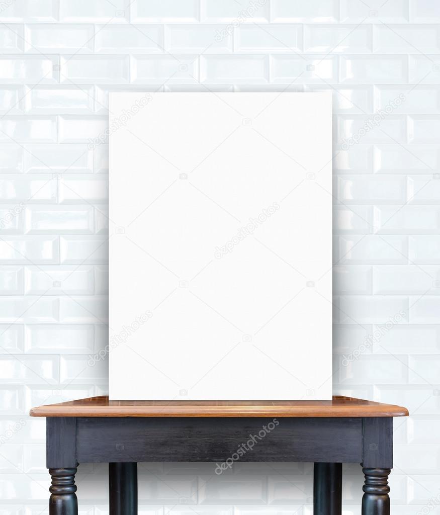 blank poster on vintage wooden table at brick tiles wall,Templat