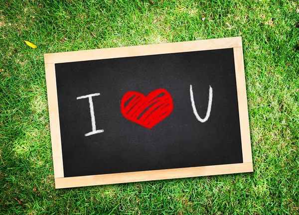 Top view of "I love you" word on chalkboard lay on green grass , — стоковое фото