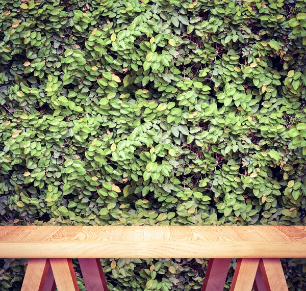 Holztisch an grüner Hecke — Stockfoto