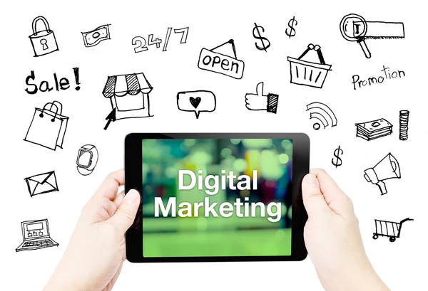 Mani in mano con parola di marketing digitale — Foto Stock