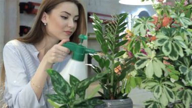 Kadın çiçekçi spreyler su houseplants çiçek dükkanında