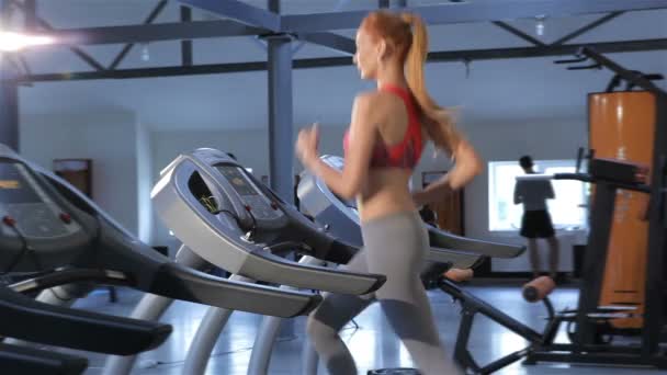 Vrouw loopt op loopband in het fitnesscentrum — Stockvideo