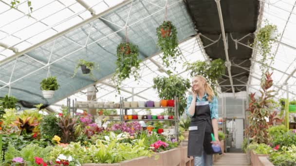 Ženské květinářství chodí mezi záhony na zahradní centrum — Stock video