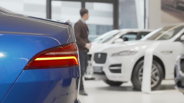 Felismerhetetlen férfi, aki az autókat vizsgálja a kereskedésben. — Stock videók