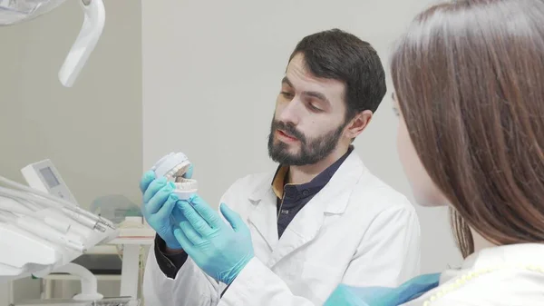 Dentista profissional educando sua paciente feminina durante consulta médica Fotos De Bancos De Imagens