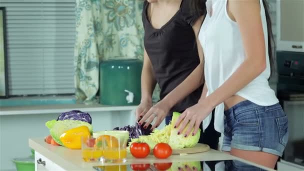 Twee lachende vriendinnen gesneden groenten glimlachend direct bij de camera en Toon Ok — Stockvideo