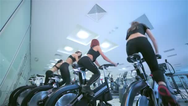Quatro meninas de esportes em uma bicicleta estacionária — Vídeo de Stock