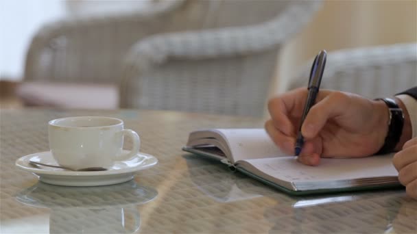 Close up mão escrevendo em datebook — Vídeo de Stock