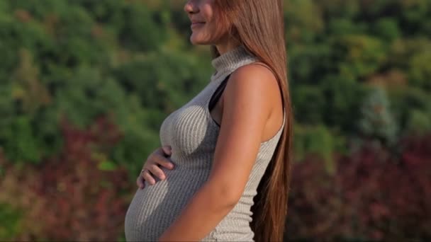 Happy young pregnant woman smiling at the camera — Stock Video