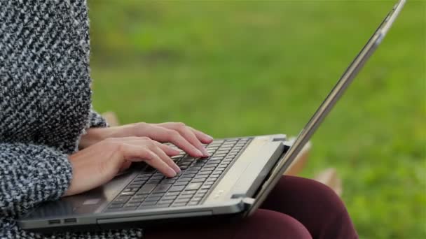 Flicka som arbetar på laptop i stadsparken — Stockvideo