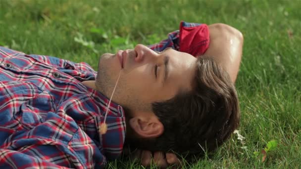 L'homme dans le parc couché sur l'herbe — Video