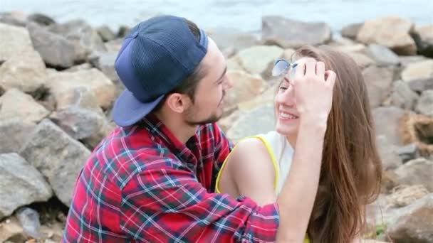 Cheerful couple in love. Tenderness touch foreheads — Stock Video
