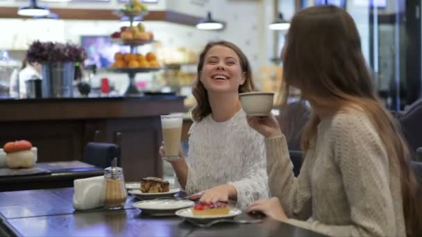 Девушки веселятся, разговаривая в кафе — стоковое видео