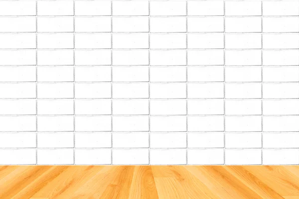 Wood floor and white brick wall background — Stock Photo, Image