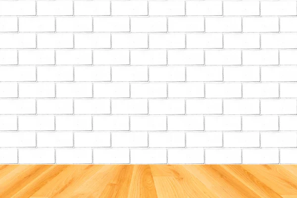 Suelo de madera y fondo de pared de ladrillo blanco — Foto de Stock