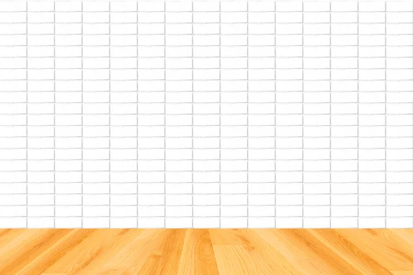 Wood floor and white brick wall background — Stock Photo, Image